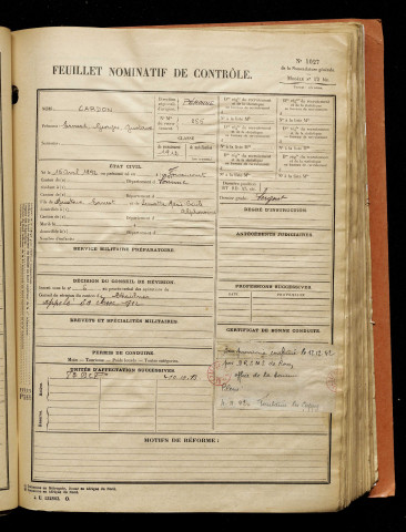 Cardon, Ernest Georges Gustave, né le 15 avril 1892 à Foucaucourt-en-Santerre (Somme), classe 1912, matricule n° 855, Bureau de recrutement de Péronne