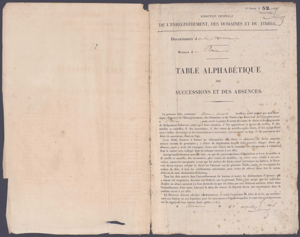Table des successions et absences du bureau de Poix-de-Picardie