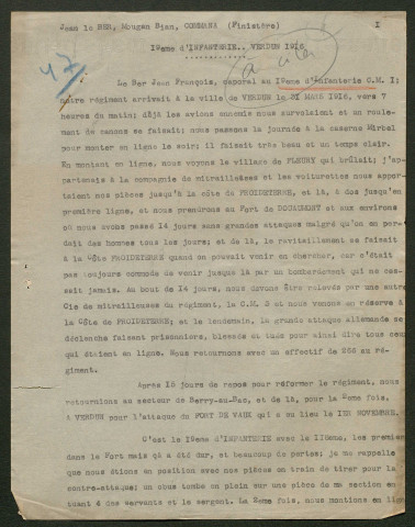 Témoignage de Le Ber, Jean (Caporal) et correspondance avec Jacques Péricard