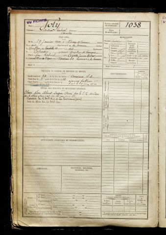 Joly, Antoine Gabriel Charles, né le 29 janvier 1900 à Bray-sur-Somme (Somme), classe 1920, matricule n° 1038, Bureau de recrutement d'Amiens