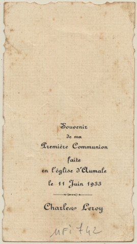 Image de première communion, l'Enfant Jésus donnant la communion à un enfant. Souvenir de première communion de Charlen Leroy faite en l'église d'Aumale le 11 juin 1933
