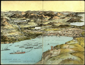Carte postale intitulée "Salonique avec la Macédoine orientale" représentant une cartographie en perspective du golfe de Salonique et des montagnes et pays environnants. Correspondance d'un certain Léon [Be]sson à sa femme Marie