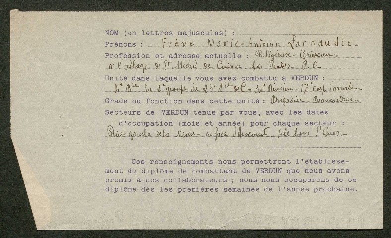 Témoignage de Larnaudie (Frère), Marie-Antoine (Brigadier brancardier) et correspondance avec Jacques Péricard