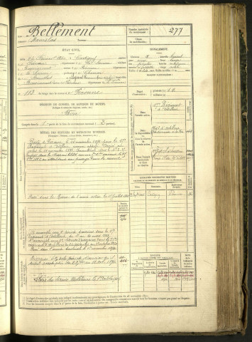 Bellement, Stanislas, né le 26 février 1860 à Cartigny (Somme, France), classe 1880, matricule n° 277, Bureau de recrutement de Péronne