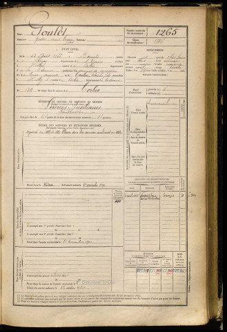 Goulet, Gaston Marie Séverin Jules, né le 13 août 1866 à Domats (Yonne), classe 1886, matricule n° 1265, Bureau de recrutement d'Amiens