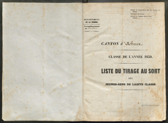 Tirage au sort (arrondissements de Doullens et de Montdidier) de l'année 1850
