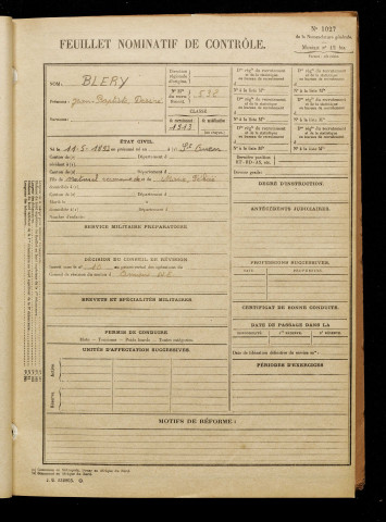Blery, Jean Baptiste Désiré, né le 11 mai 1893 à Saint-Ouen (Somme), classe 1913, matricule n° 532, Bureau de recrutement d'Amiens