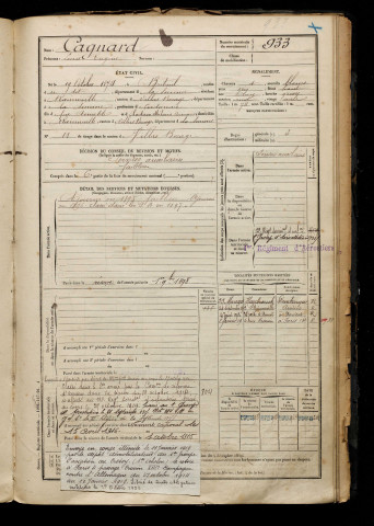 Cagnard, Louis Eugène, né le 19 octobre 1874 à Breteuil (Oise), classe 1894, matricule n° 933, Bureau de recrutement d'Amiens