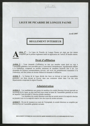 Gestion des sociétés de Longue Paume par la Ligue de Longue Paume de Picardie