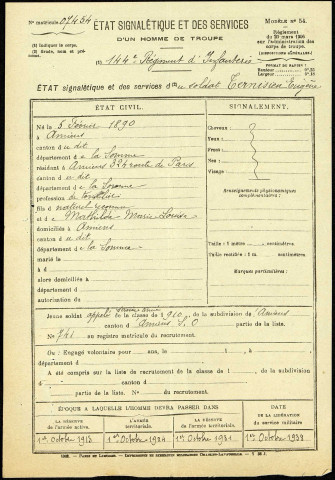 Ternisien, Eugène, né le 5 février 1890 à Amiens (Somme), classe 1910, matricule n° 741, Bureau de recrutement d'Amiens