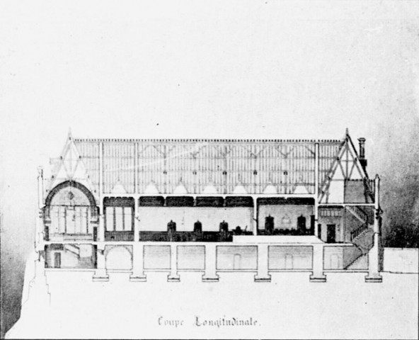 Projet de reconstruction du palais de justice d'Amiens : façade principale et coupe longitudinale
