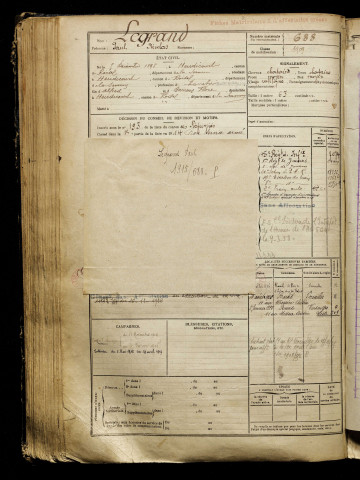 Legrand, Paul Nicolas, né le 05 décembre 1895 à Heudicourt (Somme), classe 1915, matricule n° 688, Bureau de recrutement de Péronne