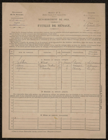 Dénombrement de la population 1891 : Fluy (feuilles ménages)