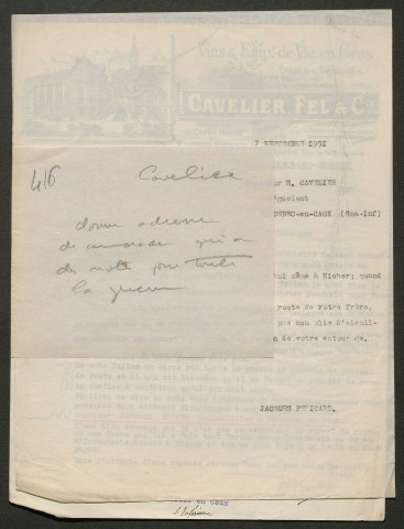 Témoignage de Cavelier, H. et correspondance avec Jacques Péricard