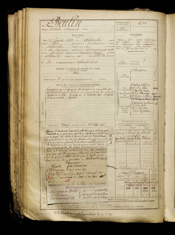 Beulin, Achille Edouard, né le 27 février 1882 à Abbeville (Somme), classe 1902, matricule n° 620, Bureau de recrutement d'Abbeville