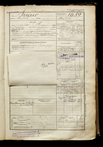 Sueur, Henri Emile, né le 22 juin 1901 à Flixecourt (Somme), classe 1921, matricule n° 1639, Bureau de recrutement d'Amiens