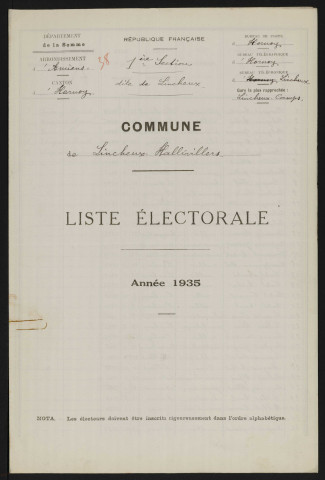 Liste électorale : Hornoy-le-Bourg (Lincheux-Hallivillers), 1ère Section (Lincheux)