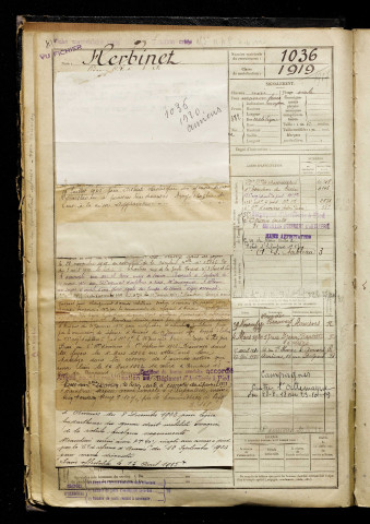 Herbinet, Pierre Célestin Anatole, né le 20 avril 1900 à Amiens (Somme), classe 1920, matricule n° 1036, Bureau de recrutement d'Amiens