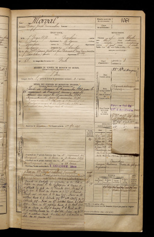 Morval, Mary Joseph Maximilien, né le 07 mars 1872 à Morchain (Somme), classe 1892, matricule n° 1061, Bureau de recrutement de Péronne