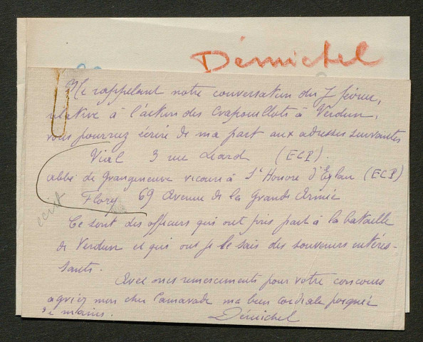 Témoignage de Demichel, E. et correspondance avec Jacques Péricard