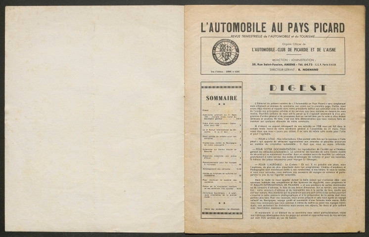 L'Automobile au Pays Picard. Revue de l'Automobile et du Tourisme. Organe officiel de l'Automobile-Club de Picardie et de l'Aisne, 395, avril 1959