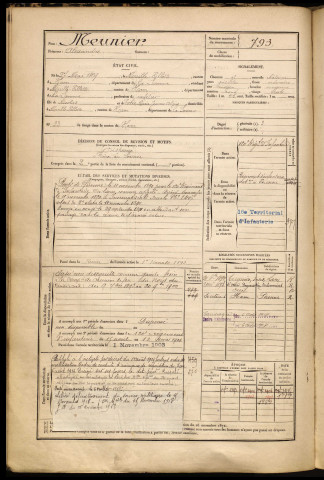 Meunier, Alexandre, né le 27 mai 1869 à Ham (Somme), classe 1889, matricule n° 793, Bureau de recrutement de Péronne