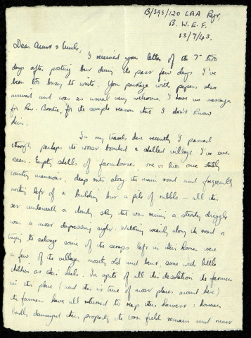 B/393/120 L.A.A. Regt (Light Anti-Aircraft Artillery Regiment), B.W.E.F. (British Western Expeditionary Forces), 13/7/1944 : lettre de Raymond Goldwater à son oncle