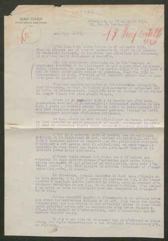 Témoignage de De Cuyper, A. (Général) et correspondance avec Jacques Péricard