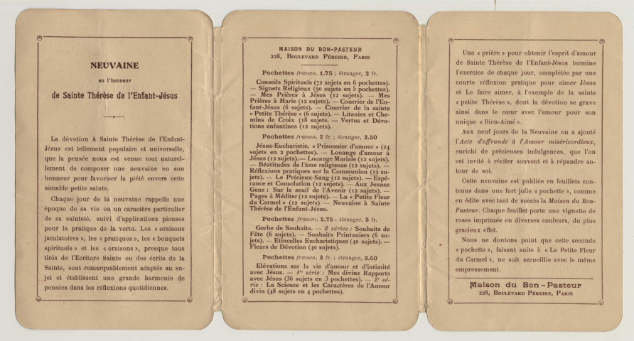 Neuvaine en l'honneur de Sainte Thérèse de l'Enfant Jésus