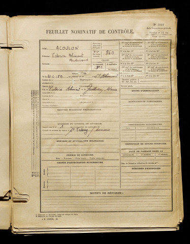 Acoulon, Victorice Blimont Ferdinand, né le 21 février 1891 à Saint-Blimont (Somme), classe 1911, matricule n° 860, Bureau de recrutement d'Abbeville