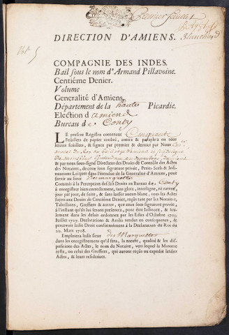 Centième denier du bureau de Conty pour la période du 12 juillet 1720 au 4 mars 1723