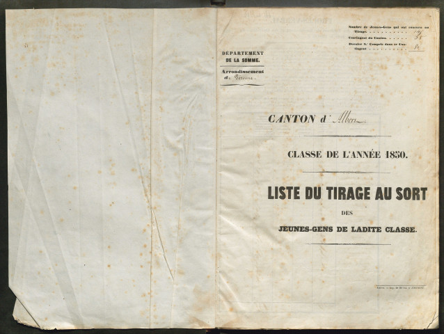 Tirage au sort (arrondissement de Péronne) de l'année 1850