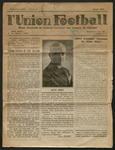 L'Union football. Revue mensuelle de l'Amicale française des joueurs de football, numéro 1