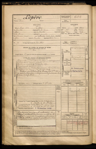 Lepère, Louis, né le 02 mars 1868 à Ytres (Somme), classe 1888, matricule n° 622, Bureau de recrutement de Péronne