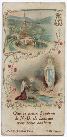 Que ce pieux souvenir de Notre-Dame de Lourdes vous porte bonheur. Notre-Dame de Lourdes