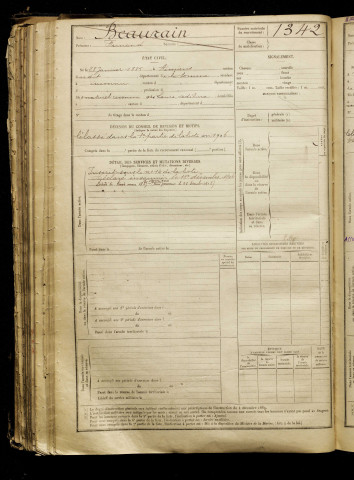 Beaurain, Fernand, né le 28 janvier 1885 à Amiens (Somme), classe 1905, matricule n° 1342, Bureau de recrutement d'Amiens