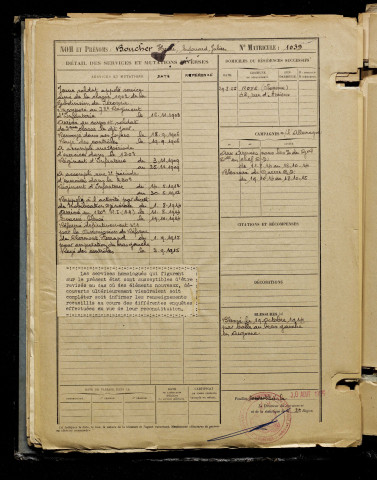 Boucher, Henri Edouard Julien Auguste, né le 28 août 1882 à Balâtre (Somme), classe 1902, matricule n° 1039, Bureau de recrutement de Péronne