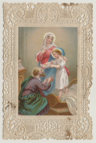 Image pieuse dentelle. La Sainte Famille à Saint Joseph