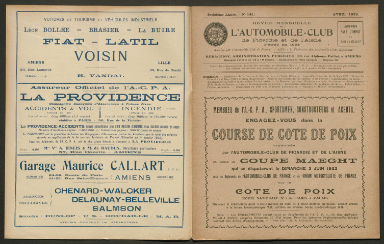 L'Automobile-club de Picardie et de l'Aisne. Revue mensuelle, 141, avril 1923