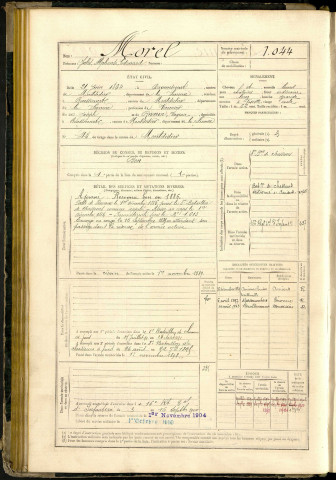 Morel, Jules Alphonse Edouard, né le 21 juin 1864 à Davesnescourt (Somme, France), classe 1884, matricule n° 1044, Bureau de recrutement de Péronne