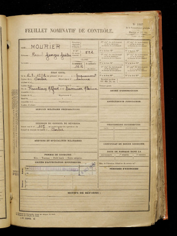 Mourier, Raoul Georges Gaëtan, né le 06 août 1892 à Vecquemont (Somme), classe 1912, matricule n° 582, Bureau de recrutement d'Amiens