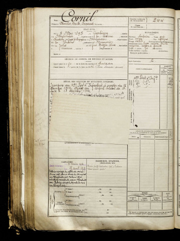 Cornil, Charles Emile Fernand, né le 05 mai 1895 à Guerbigny (Somme), classe 1915, matricule n° 244, Bureau de recrutement de Péronne