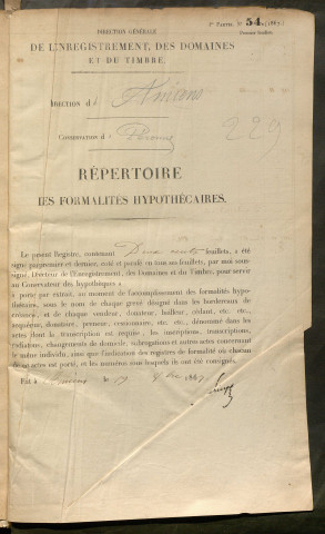 Répertoire des formalités hypothécaires, du 24/04/1869 au 28/06/1869, registre n° 229 (Péronne)