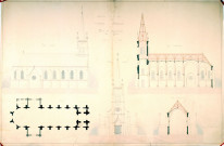 Eglise, projet de reconstruction : plans d'ensemble, coupe et élévation par l'architecte Delefortrie