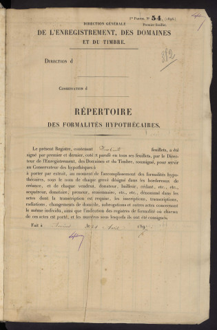 Répertoire des formalités hypothécaires, du 01/04/1899 au 20/07/1899, registre n° 382 (Abbeville)