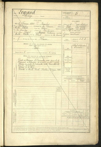 Legrand, Elphège, né le 3 février 1862 à Biaches (Somme, France), classe 1882, matricule n° 5, Bureau de recrutement de Péronne