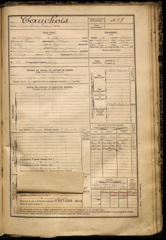 Cauchois, Sainte Marie Ferdinand, né le 18 octobre 1869 à Ath, classe 1889, matricule n° 417, Bureau de recrutement de Péronne