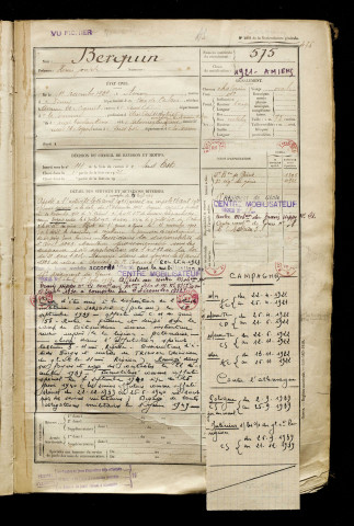 Berquin, Henri Joseph, né le 11 novembre 1901 à Avion (Pas-de-Calais), classe 1921, matricule n° 575, Bureau de recrutement d'Amiens