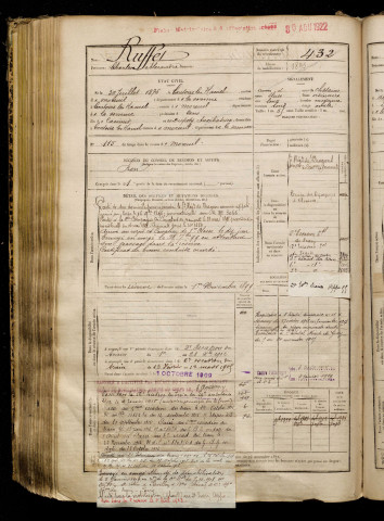 Ruffet, Charles Alexandre, né le 30 juillet 1875 à Contoire (Somme), classe 1895, matricule n° 432, Bureau de recrutement de Péronne