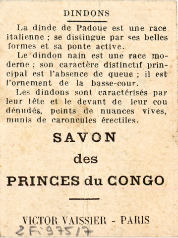 Savon des Princes du Congo - Victor Vaissier - Paris . 4 : Dinde de Padoue. 5: Dindon nain